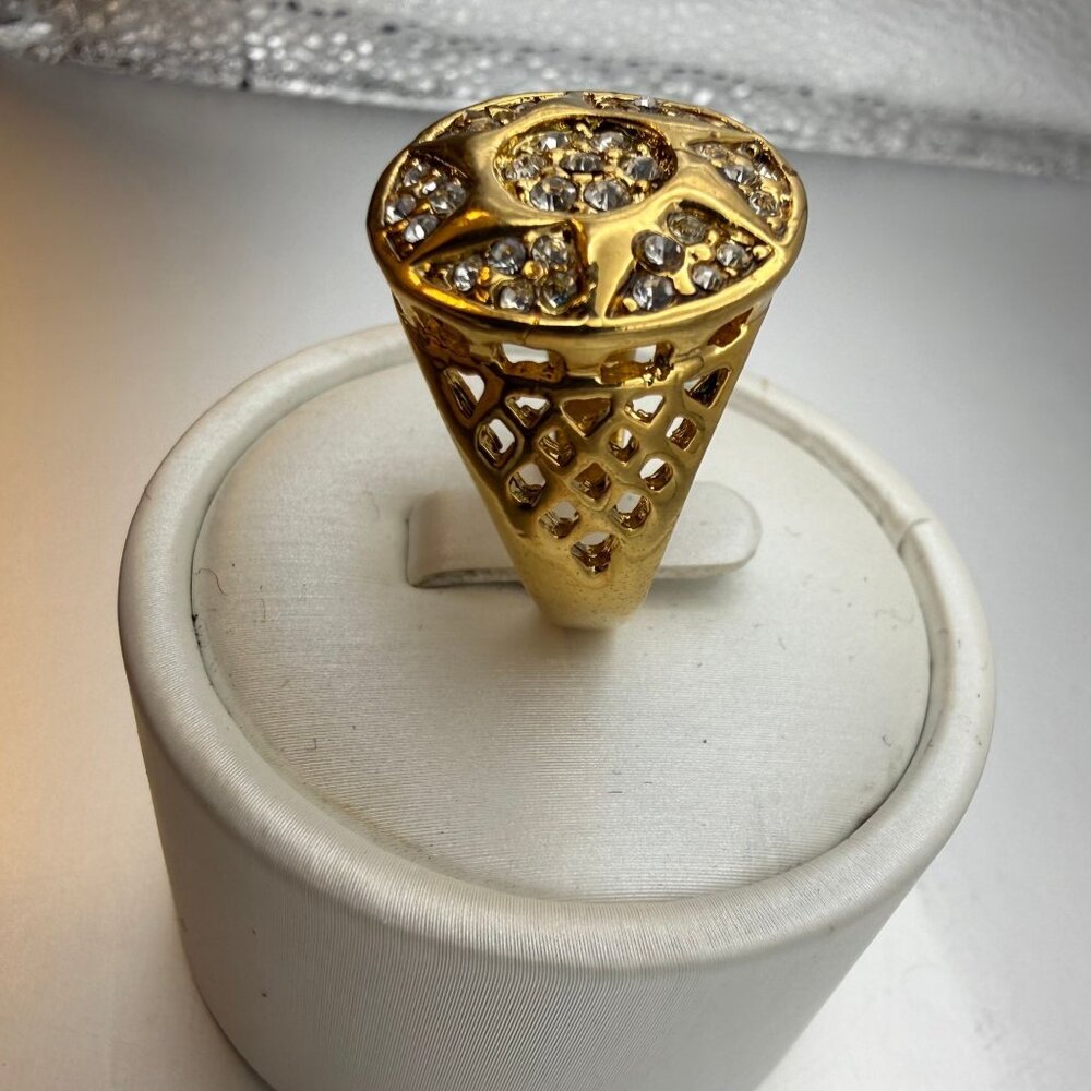 Bold Gold Tone Rhinestone Starburst Signet Ring Size 12 | Vintage Patina Stateme - Picture 9 of 11